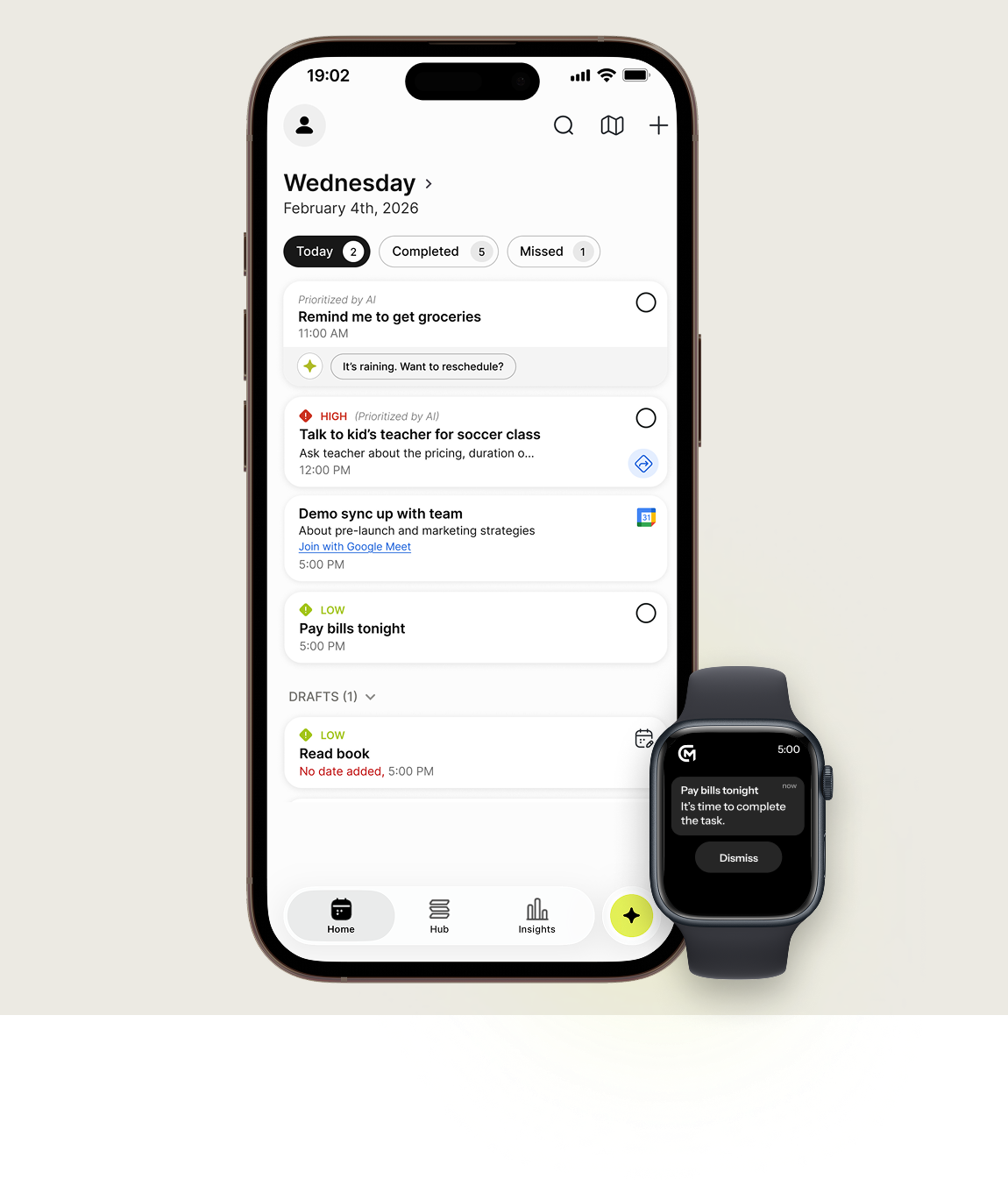 GoMind AI daily planner on iPhone with Apple Watch reminder