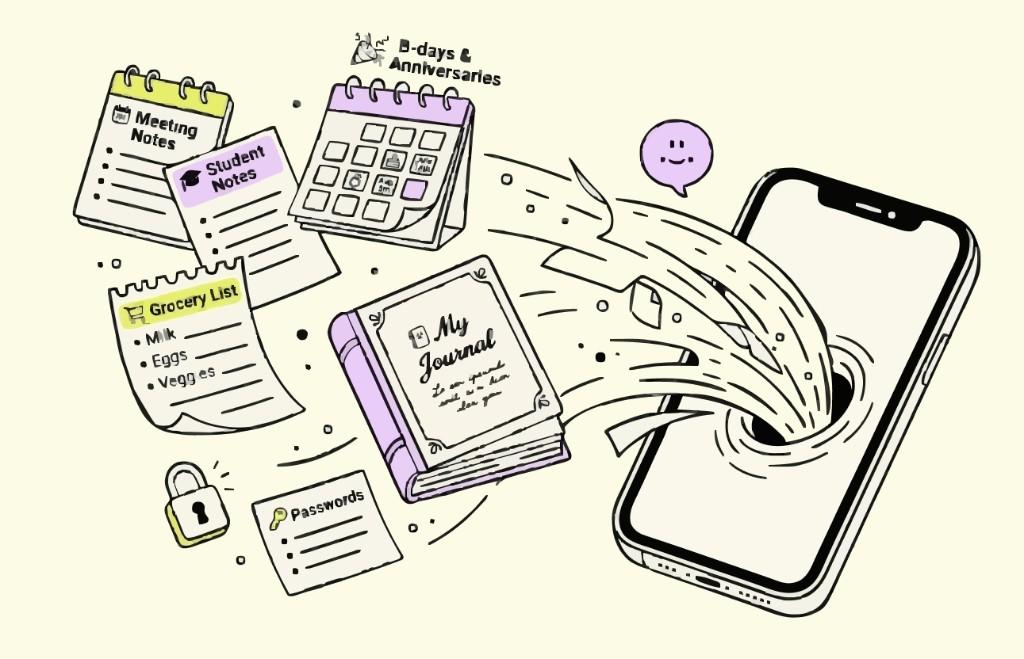 Illustration of notes, journals, and passwords flowing into GoMind AI Hub