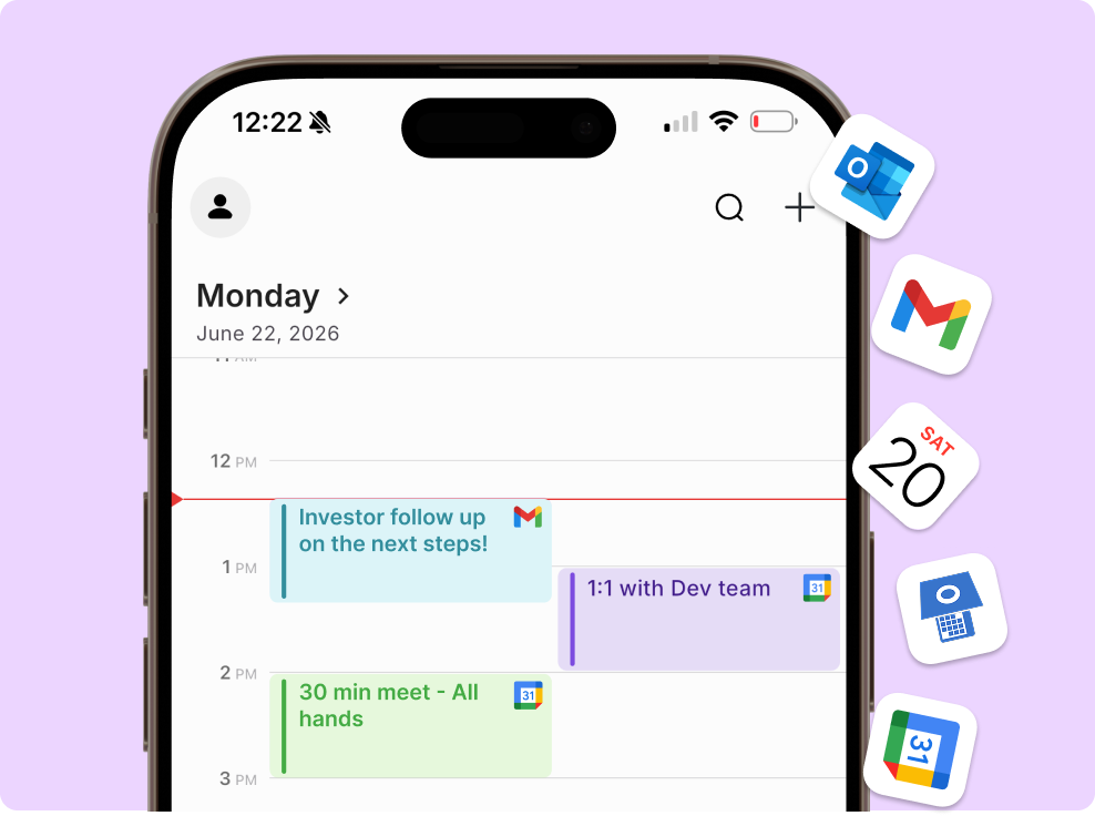 GoMind AI unified calendar showing synced Outlook, Gmail, Apple, and Google events