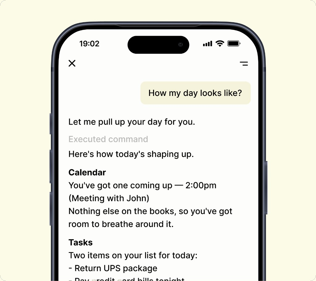 GoMind AI conversation pulling up the day's calendar and tasks