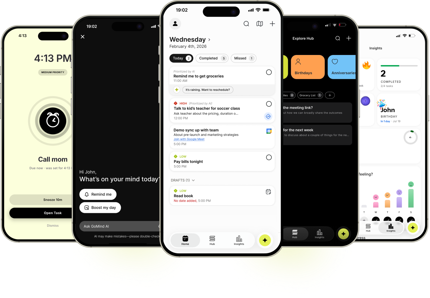 GoMind AI shown across five iPhone screens